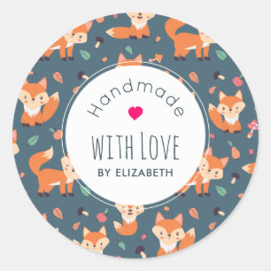 Cute Orange Fox Animal Mönster Handmade med Kärlek Runt Klistermärke