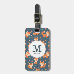 Cute Orange Fox Animal Mönster Monogram Bagagebricka