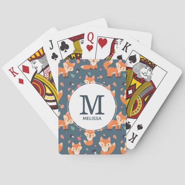 Cute Orange Fox Animal Mönster Monogram Casinokort (Baksidan)