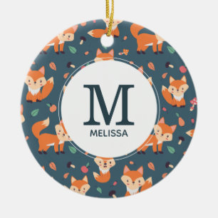 Cute Orange Fox Animal Mönster Monogram Julgransprydnad Keramik