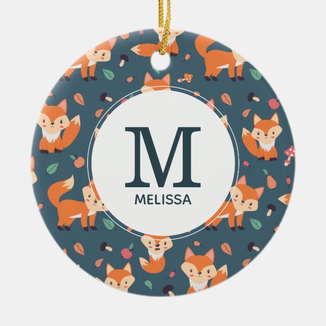 Cute Orange Fox Animal Mönster Monogram Julgransprydnad Keramik (Framsidan)