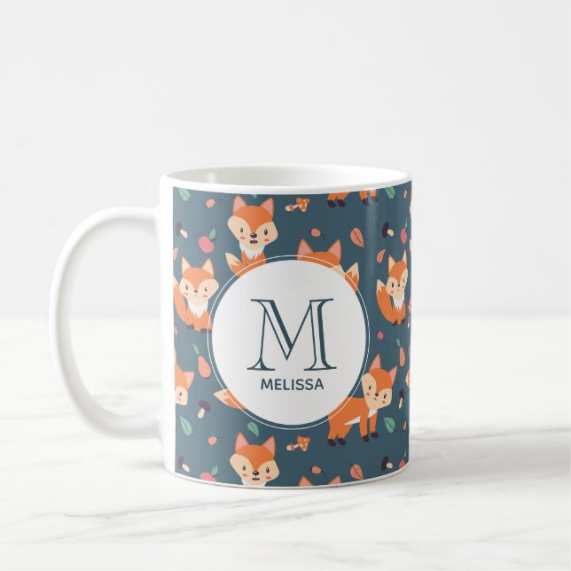 Cute Orange Fox Animal Mönster Monogram Kaffemugg (Vänster)
