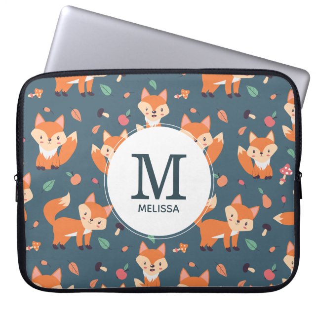 Cute Orange Fox Animal Mönster Monogram Laptop Fodral (Framsidan)