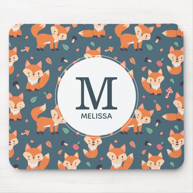 Cute Orange Fox Animal Mönster Monogram Musmatta (Framsidan)
