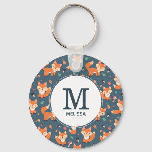 Cute Orange Fox Animal Mönster Monogram Nyckelring