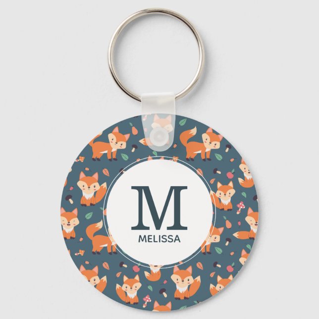 Cute Orange Fox Animal Mönster Monogram Nyckelring (Framsida)