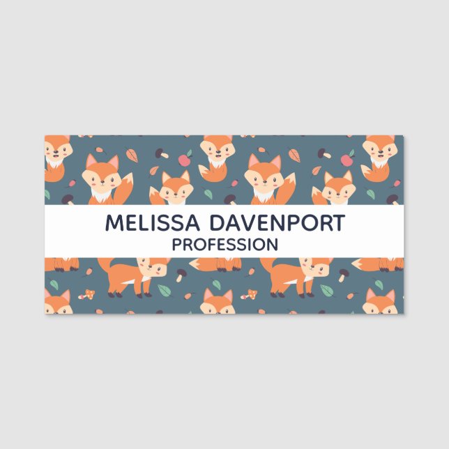 Cute Orange Fox Animal Mönster Namnbricka (Framsida)