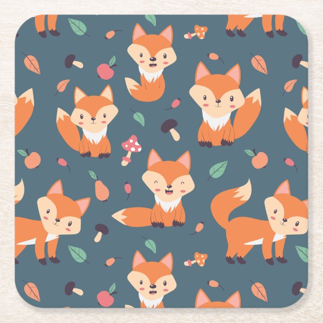 Cute Orange Fox Animal Mönster Underlägg Papper Kvadrat (Framsidan)
