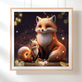 Cute Orange Fox Mamma & Baby Art Nursery Poster
