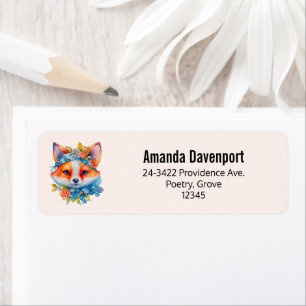 Cute Orange Fox med Blommigt Krona Adress Returadress Etikett