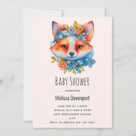 Cute Orange Fox med Blommigt Krona Baby Shower Inbjudningar