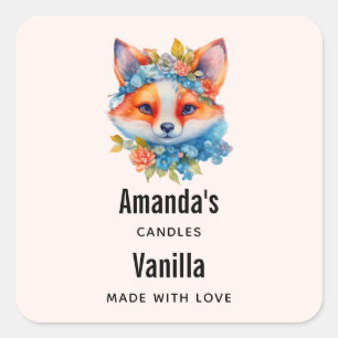 Cute Orange Fox med Blommigt Krona Candle Business Fyrkantigt Klistermärke