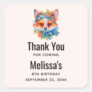 Cute Orange Fox med Blommigt Krona födelsedag Fyrkantigt Klistermärke