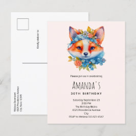 Cute Orange Fox med Blommigt Krona födelsedag Inbjudan Vykort