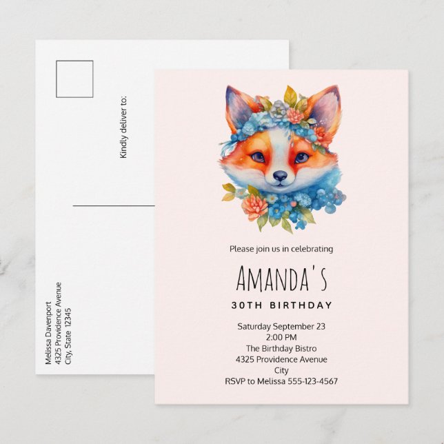 Cute Orange Fox med Blommigt Krona födelsedag Inbjudan Vykort (Fram/baksida)