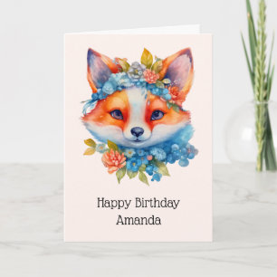 Cute Orange Fox med Blommigt Krona födelsedag Kort