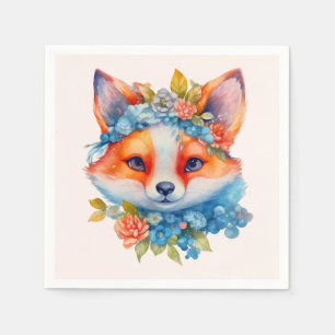 Cute Orange Fox med Blommigt Krona födelsedag Pappersservett