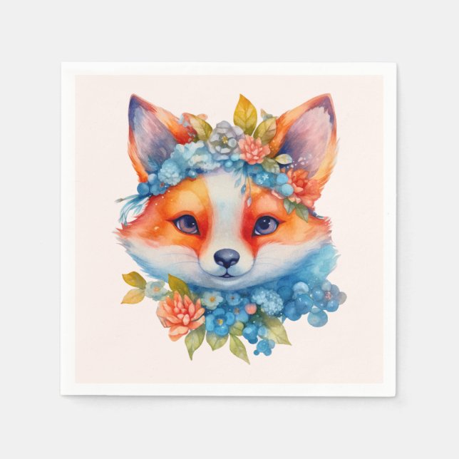 Cute Orange Fox med Blommigt Krona födelsedag Pappersservett (Framsidan)