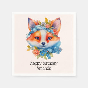 Cute Orange Fox med Blommigt Krona födelsedag Pappersservett