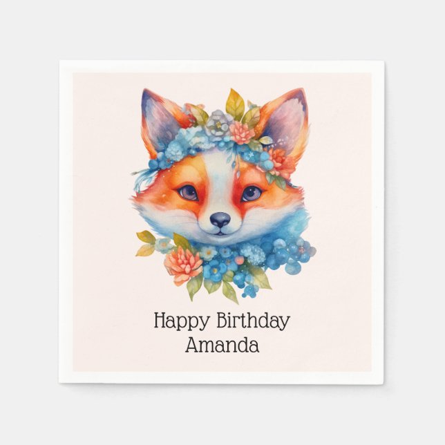 Cute Orange Fox med Blommigt Krona födelsedag Pappersservett (Framsidan)
