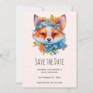 Cute Orange Fox med Blommigt Krona födelsedag Spara Datumet