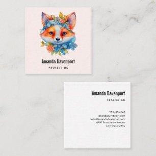 Cute Orange Fox med Blommigt Krona Fyrkantigt Visitkort