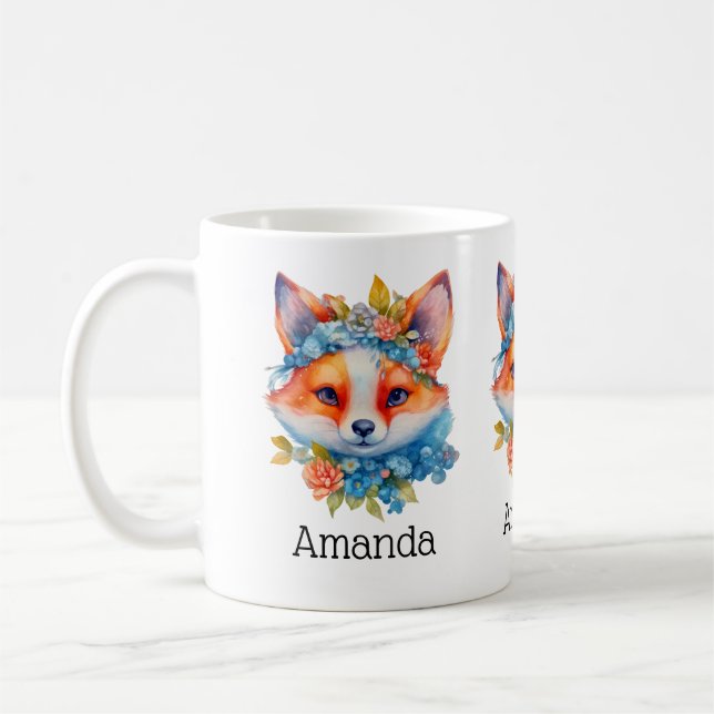 Cute Orange Fox med Blommigt Krona Kaffemugg (Vänster)