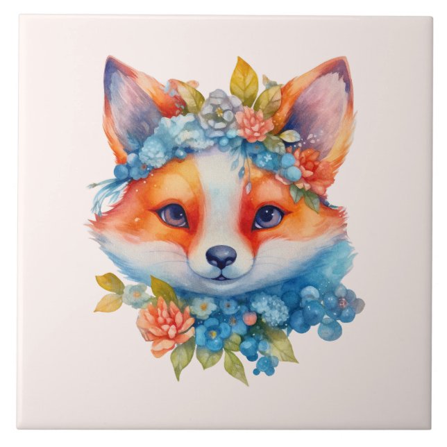 Cute Orange Fox med Blommigt Krona Kakelplatta (Framsidan)