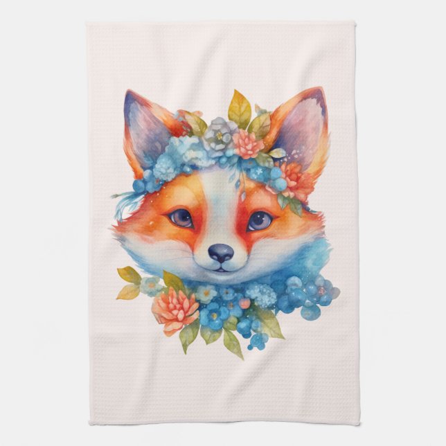 Cute Orange Fox med Blommigt Krona Kökshandduk (Vertikal)