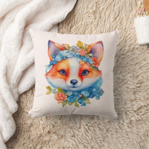 Cute Orange Fox med Blommigt Krona Kudde
