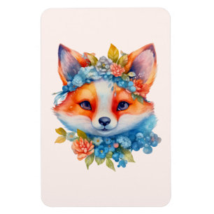 Cute Orange Fox med Blommigt Krona Magnet