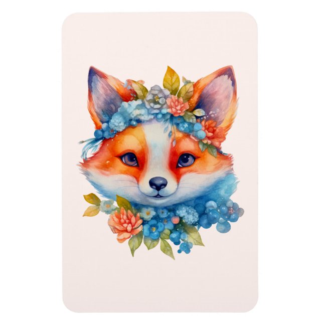 Cute Orange Fox med Blommigt Krona Magnet (Vertikal)