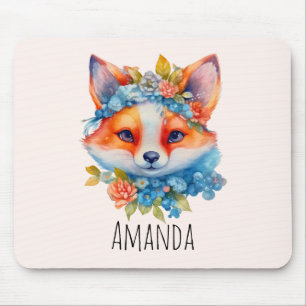 Cute Orange Fox med Blommigt Krona Musmatta
