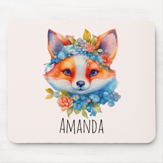 Cute Orange Fox med Blommigt Krona Musmatta (Framsidan)