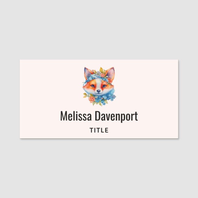 Cute Orange Fox med Blommigt Krona Namnbricka (Framsida)