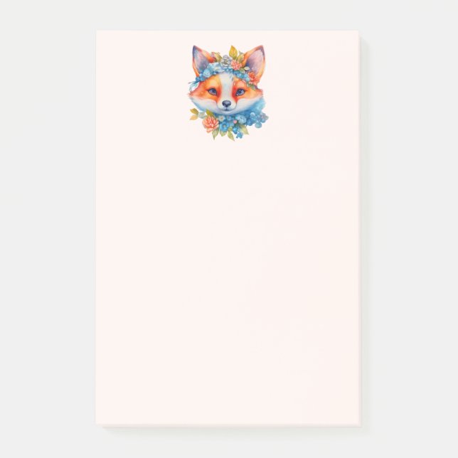 Cute Orange Fox med Blommigt Krona Post-it Block (Framsida)