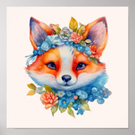 Cute Orange Fox med Blommigt Krona Poster