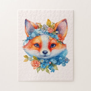 Cute Orange Fox med Blommigt Krona Pussel