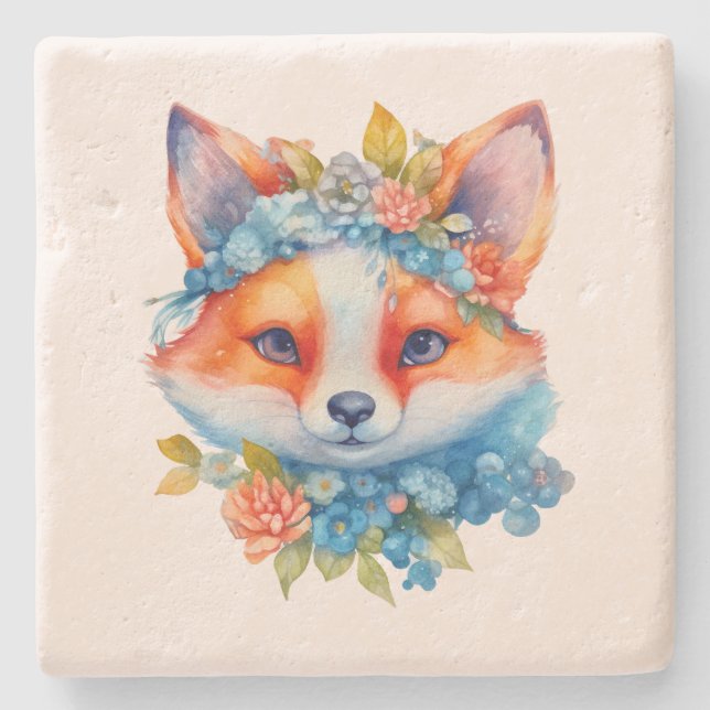 Cute Orange Fox med Blommigt Krona Stenunderlägg (Framsidan)