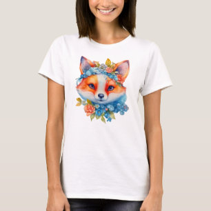 Cute Orange Fox med Blommigt Krona T Shirt