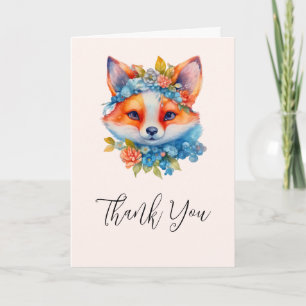 Cute Orange Fox med Blommigt Krona Tack Kort