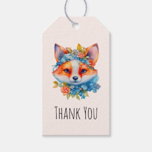 Cute Orange Fox med Blommigt Krona Tack Presentetikett