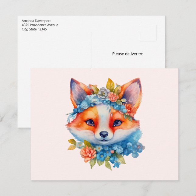 Cute Orange Fox med Blommigt Krona Vykort (Fram/baksida)