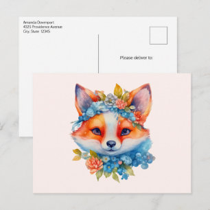 Cute Orange Fox med Blommigt Krona Vykort