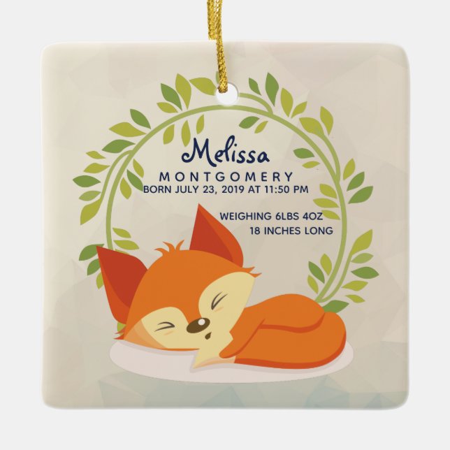 Cute Orange Fox med Grönt Löv Utandning Blödning Julgransprydnad Keramik (Framsida)