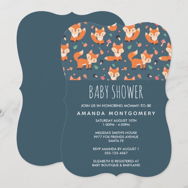 Cute Orange Fox Mönster Baby Shower Inbjudningar (Fram/baksida)