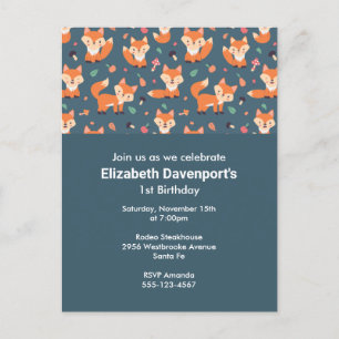 Cute Orange Fox Mönster Birthday Inbjudan Vykort