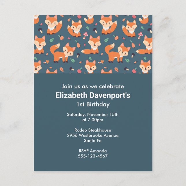 Cute Orange Fox Mönster Birthday Inbjudan Vykort (Framsida)