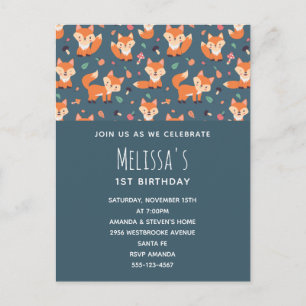 Cute Orange Fox Mönster Birthday Inbjudan Vykort