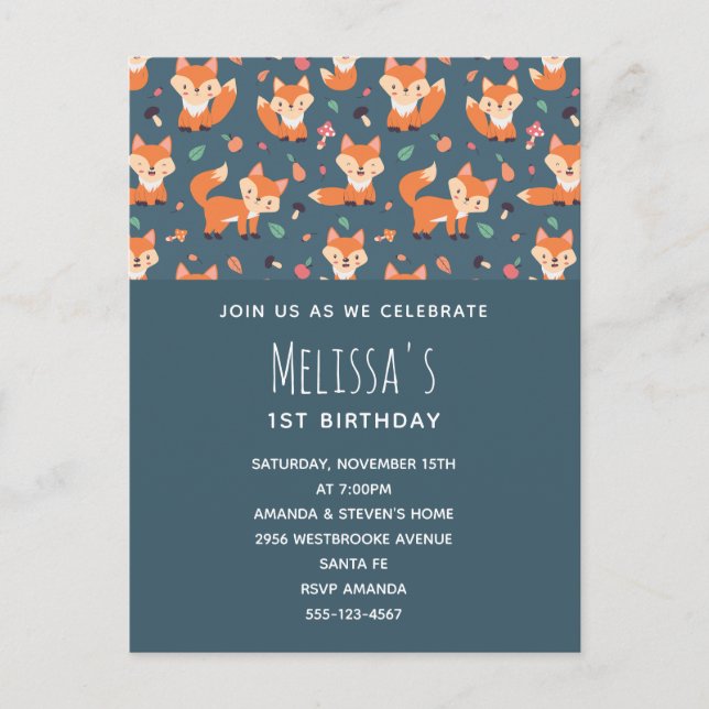 Cute Orange Fox Mönster Birthday Inbjudan Vykort (Framsida)